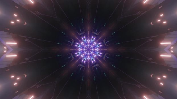 Abstract purple neon tunnel as 3d illustration background with kaleidoscopic geometric pattern in lights