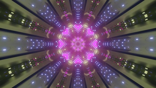 Futuristic 3d illustration of abstract background with purple neon illuminated pattern with rays