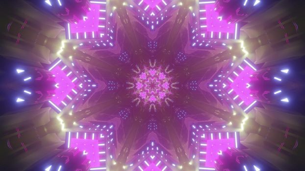 Kaleidoscopic abstract background with pink and blue neon illuminated geometric pattern as 3d illustration