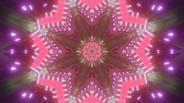 Vibrant floral shaped pattern of sci fi abstract background with neon pink and purple lights as 3d illustration