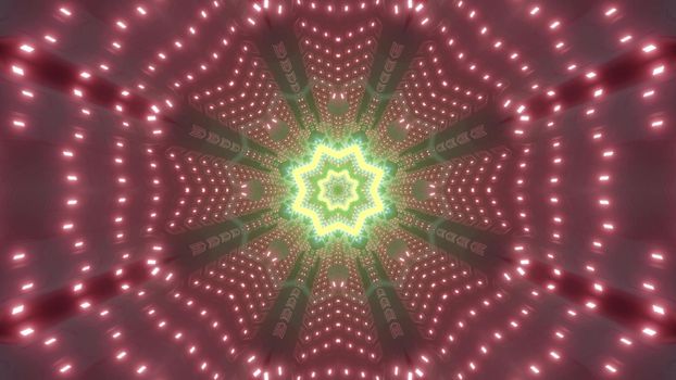 Neon luminous yellow pattern forming abstract background with sci fi tunnel 3d illustration