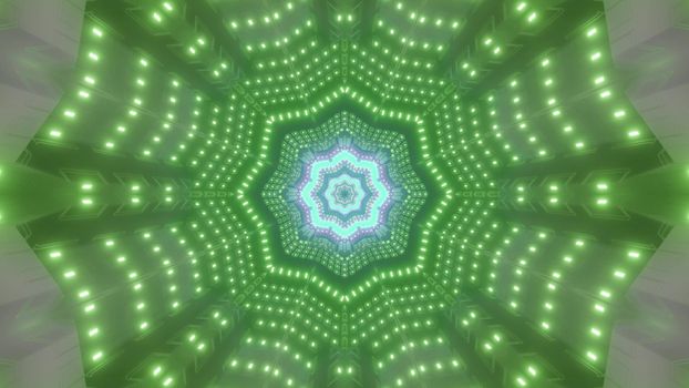 Abstract 3D illustration of bright star shaped tunnel illuminated with many green neon lamps