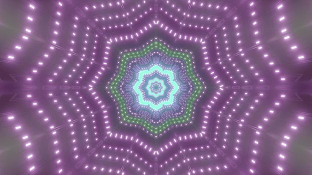 Symmetric 3D illustration of abstract star shaped tunnel illuminated with neon purple lamps