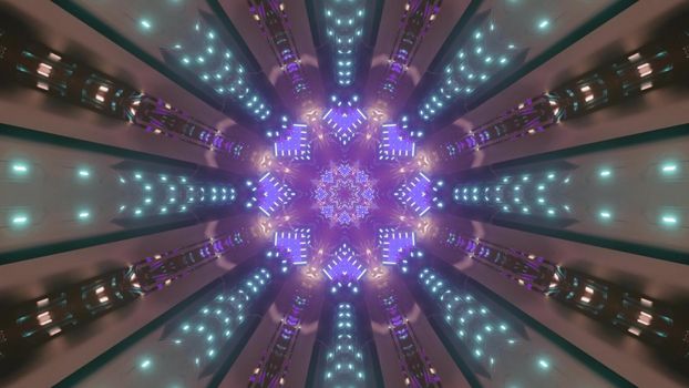 Abstract 3D illumination of symmetric tunnel illuminated with bright neon lamps of various colors