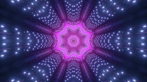 3D illustration of bright purple star shining with neon light inside dark violet tunnel