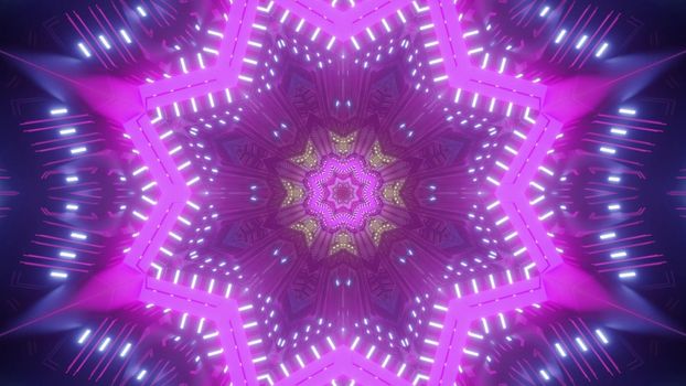 Symmetric 3D illustration of purple star shaped tunnel with abstract ornament and neon illumination