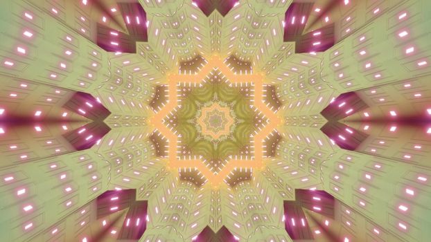 Abstract 3D illustration of symmetric star shaped ornament glowing with neon light and forming kaleidoscopic tunnel