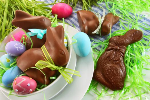 Assorted easter bunnies and eggs on kitchen counter