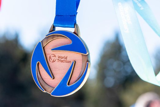 Naturlandia, Andorra : 2021 March 20 : Medals to the winners in the 2021 World Triathlon Winter Championships Andorra