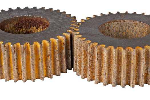 pair of equal rusted gears cutted with waterjet machine.
