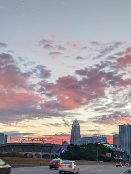 Early morning sunrise over charlotte city skyline downtown