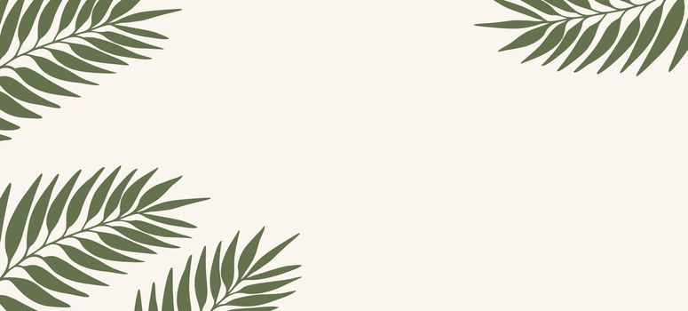 Floral web banner with drawn color exotic leaves. Nature concept design. Modern floral compositions with summer branches. Vector illustration on the theme of ecology, natura, environment.