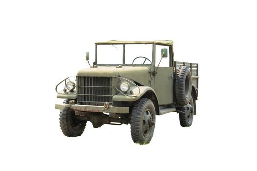 Image of an old army jeep parked in the studio, isolated on white background