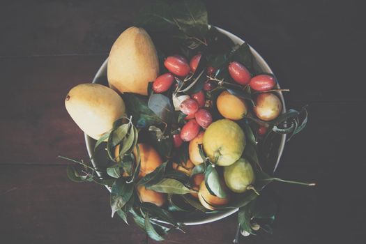 tomatoes, lemon, Indian ivy-rue Zanthoxylum Limonella Alston in kitchen