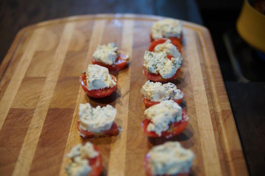 tomatoes with farmer paneer cottage cheese. vegetarian meal snack appetizer.