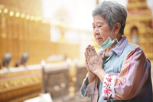 old asian elder senior woman traveler tourist praying at buddhist temple.