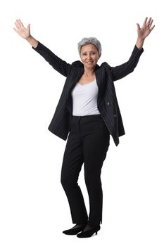 Mature asian business woman winner with raised arms isolated on white background full length studio portrait