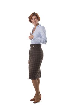 Full length portrait of young business woman with thumb up studio isolated on white background, business people