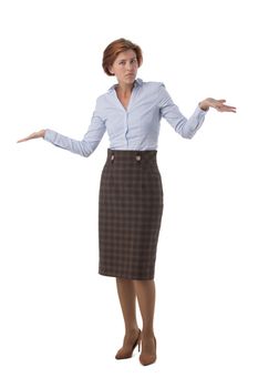 Full length portrait of confused clueless fruastrated business woman shrug hands isolated on white background