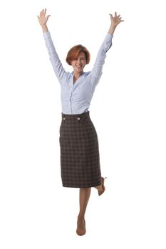 Full length portrait of young business woman with arms raised studio isolated on white background, business people