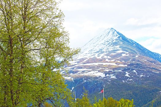 View at mountain Gaustatoppen and town Rjukan, Norway, spring landscape