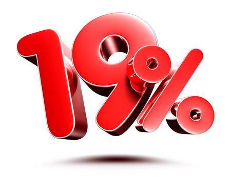 19 percent red on white background illustration 3D rendering with clipping path.