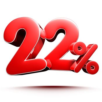 22 percent red on white background illustration 3D rendering with clipping path.