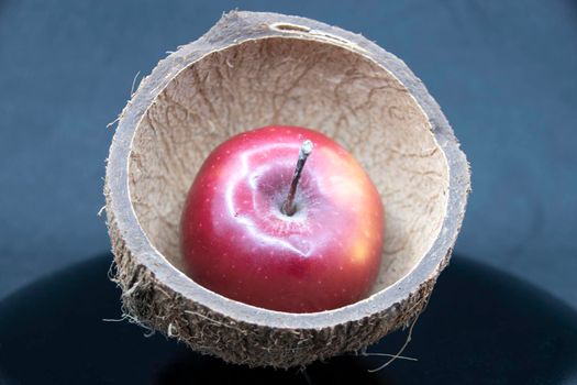 Red apple in half a coconut shell on a black background.