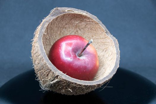 Red apple in half a coconut shell on a black background.