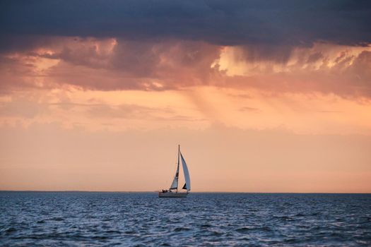 The lonely sailboat in a list goes by sea, the sky of pink color, the storm sky. High quality photo