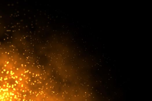 Abstract illustration of sparkling burning fire on dark black background with copy space on right side.