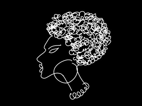 profile of african woman with short curly hair, drawing on black background.