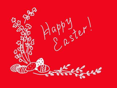 spring branches, decorated easter eggs and text happy easter on red background, easter concept illustration.