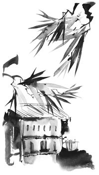 Landscape with old building and tree foliage. Oriental traditional painting in style sumi-e, u-sin by black ink and watercolor.