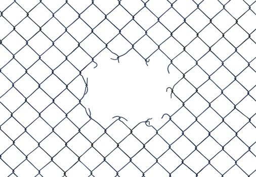 Framing Image Of A Hole In A Chain-Link  Fence On A White Background