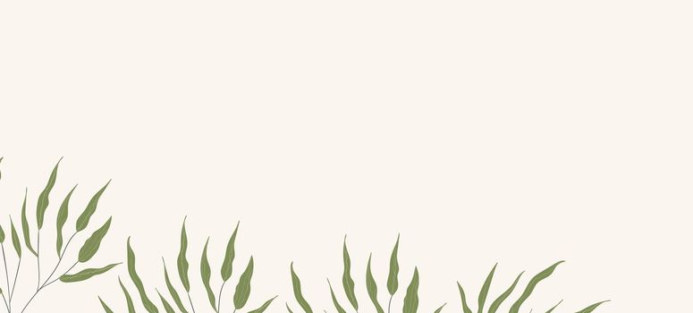 Floral web banner with drawn color exotic leaves. Nature concept design. Modern floral compositions with summer branches. Vector illustration on the theme of ecology, natura, environment.