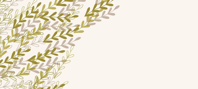 Floral web banner with drawn color exotic leaves. Nature concept design. Modern floral compositions with summer branches. Vector illustration on the theme of ecology, natura, environment.