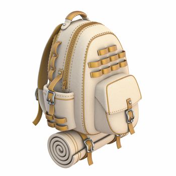 Canvas and leather backpack Front side view 3D render illustration isolated on white background