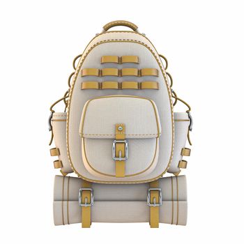 Canvas and leather backpack Front view 3D render illustration isolated on white background
