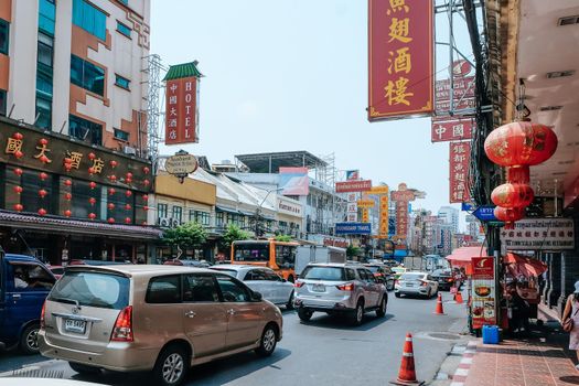 BANGKOK, THAILAND - March 19, 2021 : urban lifestyle on Yaowarat Road,chinatown of Bangkok, Yaowarat road is the center of China town in Bangkok, Thailand.