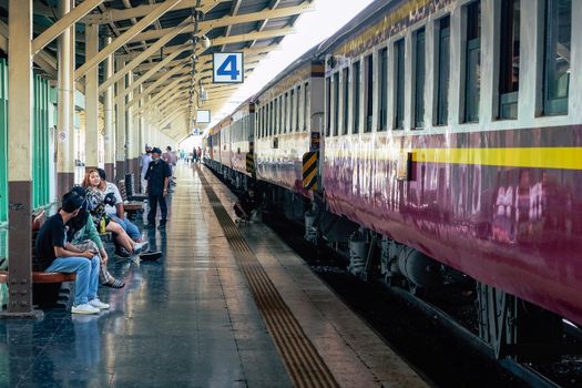 Bangkok, Thailand-March 19, 2021: Bangkok railway station,  people on the platform in Hua Lamphong railway station during COVID-19 epidemic situation.