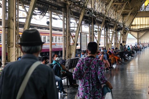 Bangkok, Thailand-March 19, 2021: Bangkok railway station,  people on the platform in Hua Lamphong railway station during COVID-19 epidemic situation.