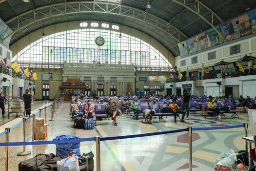 Bangkok, Thailand-March 19, 2021: Bangkok railway station,  traveler is waiting for a train in Hua Lamphong Rail Station,  during COVID-19 epidemic situation.