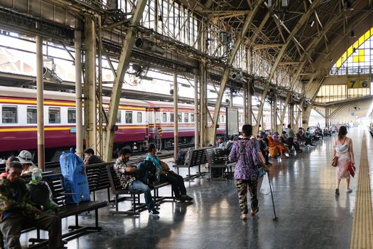 Bangkok, Thailand-March 19, 2021: Bangkok railway station,  people on the platform in Hua Lamphong railway station during COVID-19 epidemic situation.