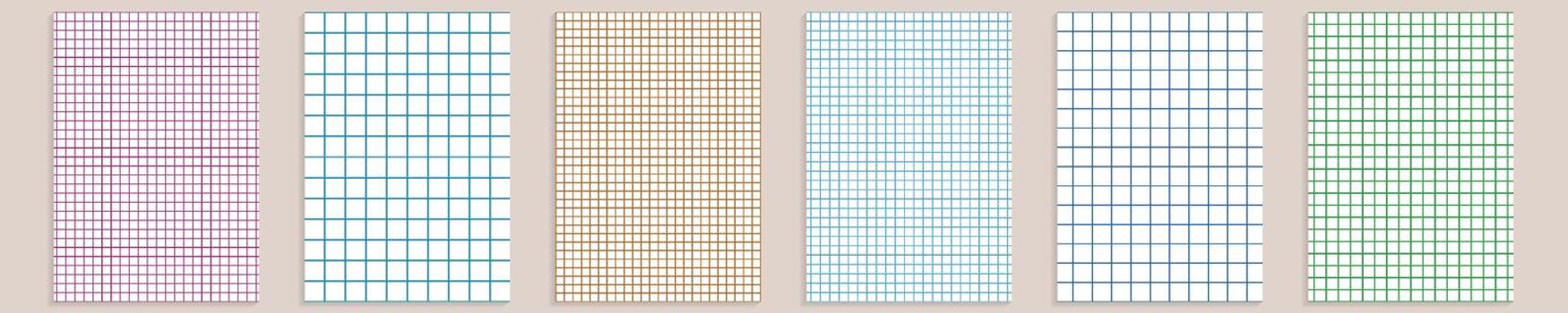 Grid paper set. Abstract squared background with color graph. Geometric pattern for school, wallpaper, textures, notebook. Lined blank A4 isolated on transparent background. Millimeter graph grid.