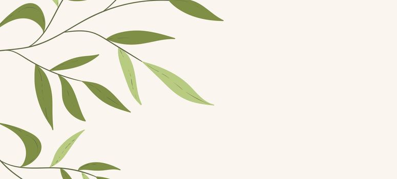 Floral web banner with drawn color exotic leaves. Nature concept design. Modern floral compositions with summer branches. Vector illustration on the theme of ecology, natura, environment.