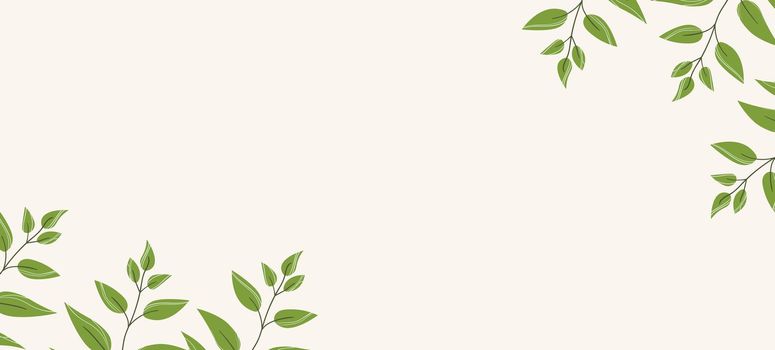 Floral web banner with drawn color exotic leaves. Nature concept design. Modern floral compositions with summer branches. Vector illustration on the theme of ecology, natura, environment.