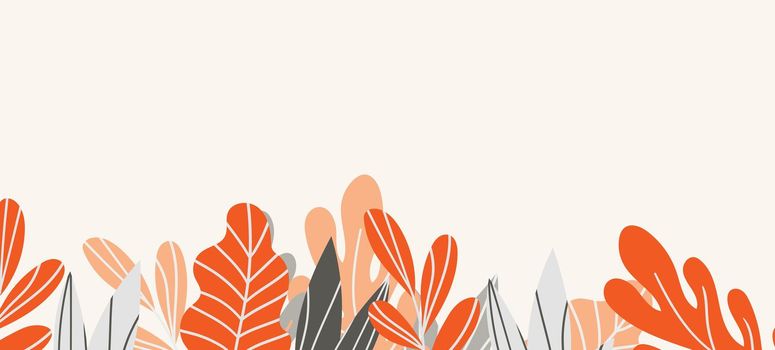 Floral web banner with drawn color exotic leaves. Nature concept design. Modern floral compositions with summer branches. Vector illustration on the theme of ecology, natura, environment.