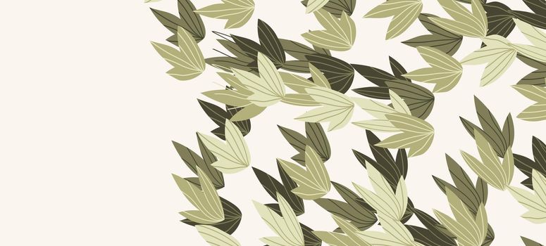 Floral web banner with drawn color exotic leaves. Nature concept design. Modern floral compositions with summer branches. Vector illustration on the theme of ecology, natura, environment.