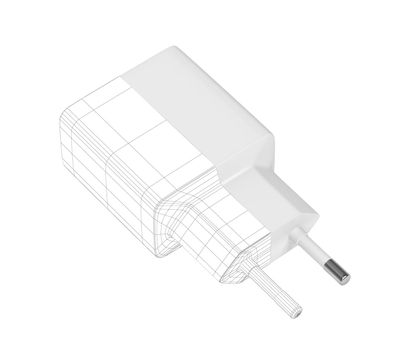3D model of smartphone charger with visible wire-frame